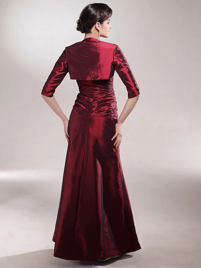 A-Linien-Kleid für die Brautmutter, Übergröße, elegant, sexy, Herzausschnitt, Spaghettiträger, bodenlang, ärmellos, Taft, mit gerüschter Perlenstickerei, seitliche Drapierung